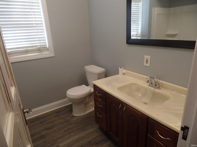 bathroom featuring toilet, vanity, and wood-type flooring