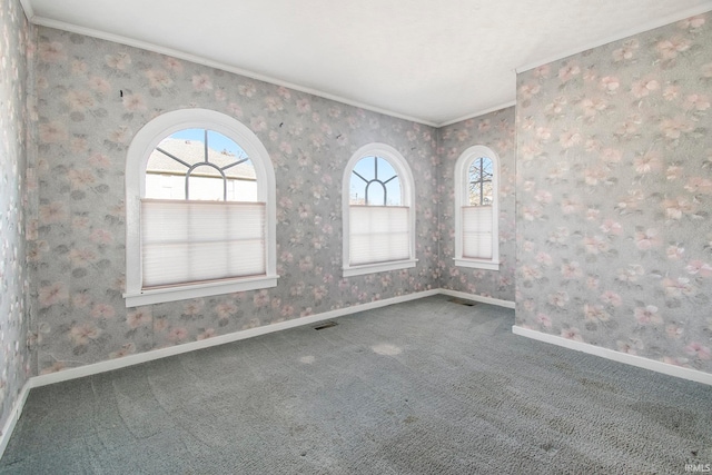 spare room featuring carpet flooring and ornamental molding