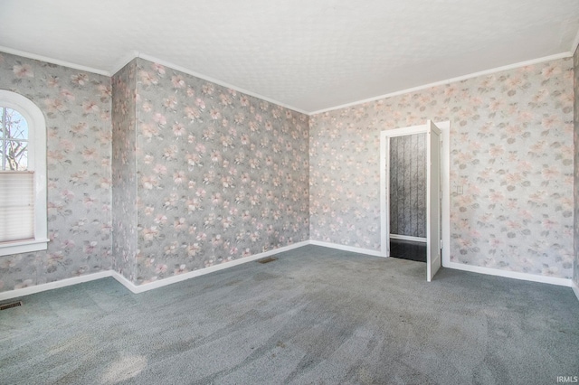 carpeted spare room with a textured ceiling and ornamental molding