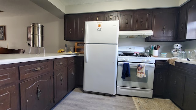 kitchen with dark brown cabinetry, light hardwood / wood-style flooring, and white appliances