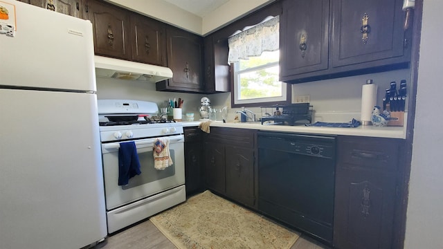 kitchen featuring dark brown cabinets, light wood-type flooring, sink, and white appliances