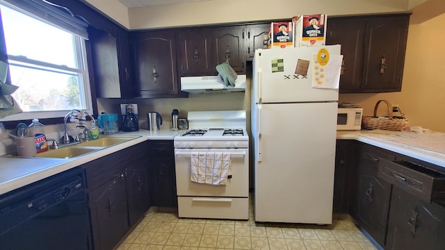 kitchen with white appliances, sink, and dark brown cabinetry