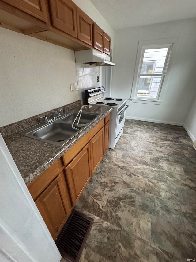 kitchen with sink and white range with electric stovetop