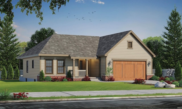 view of front facade featuring brick siding, driveway, a shingled roof, and a front yard