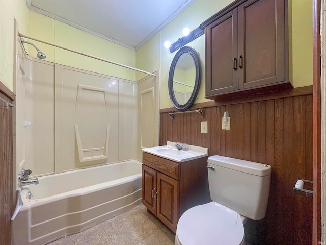 full bathroom featuring vanity, toilet, crown molding, and bathtub / shower combination