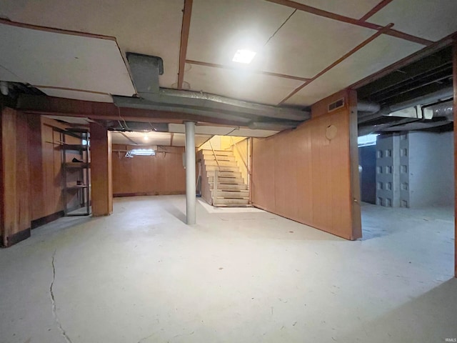 basement with wood walls