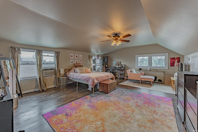 bedroom with cooling unit, ceiling fan, lofted ceiling, and dark hardwood / wood-style floors