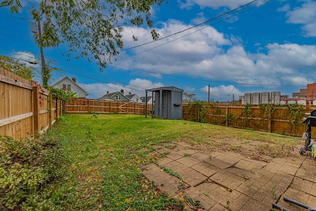 view of yard with a storage shed and a patio