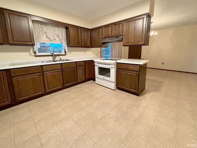 kitchen featuring white range with electric stovetop, a notable chandelier, hanging light fixtures, sink, and kitchen peninsula