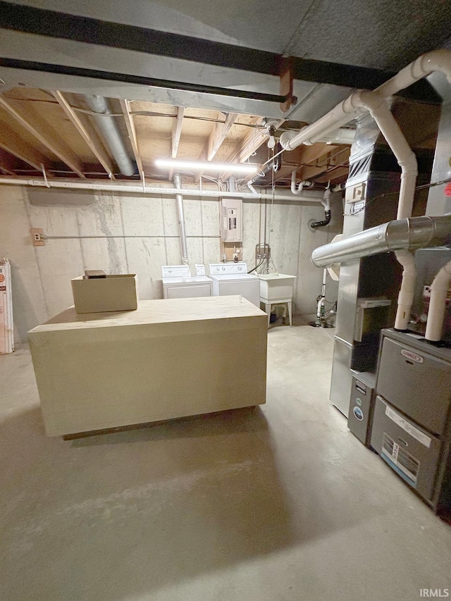 basement featuring electric panel and separate washer and dryer