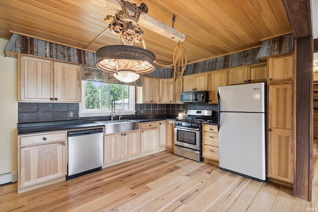 kitchen featuring stainless steel appliances, sink, tasteful backsplash, light brown cabinets, and light hardwood / wood-style flooring