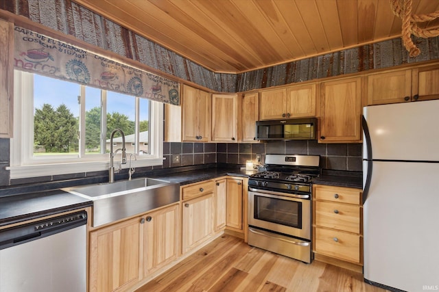 kitchen featuring stainless steel appliances, wooden ceiling, sink, tasteful backsplash, and light wood-type flooring