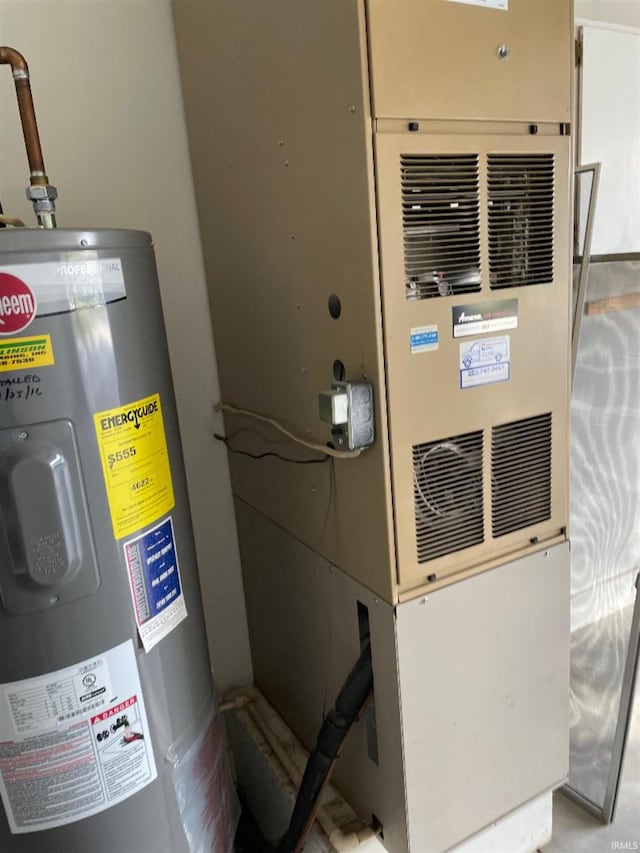 utility room with electric water heater and heating unit