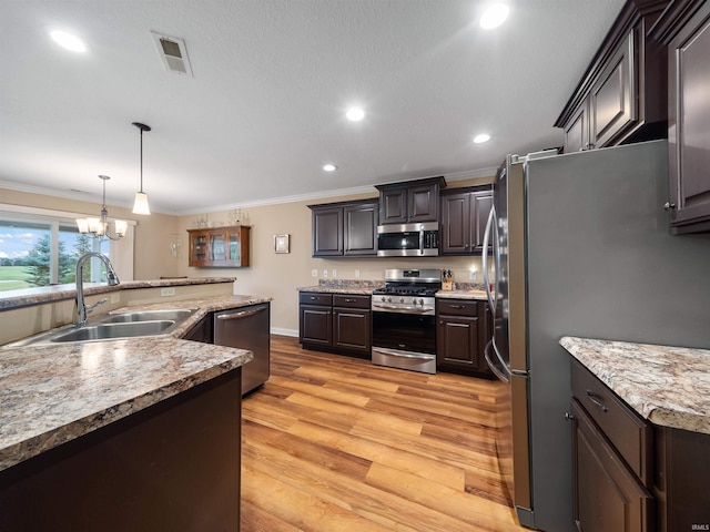 kitchen featuring appliances with stainless steel finishes, sink, dark brown cabinetry, and light hardwood / wood-style flooring