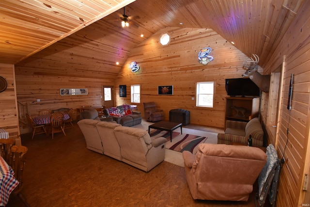 living room featuring high vaulted ceiling, wood walls, wooden ceiling, and ceiling fan