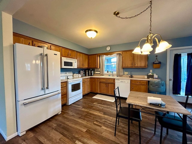 kitchen featuring dark hardwood / wood-style flooring, an inviting chandelier, sink, pendant lighting, and white appliances