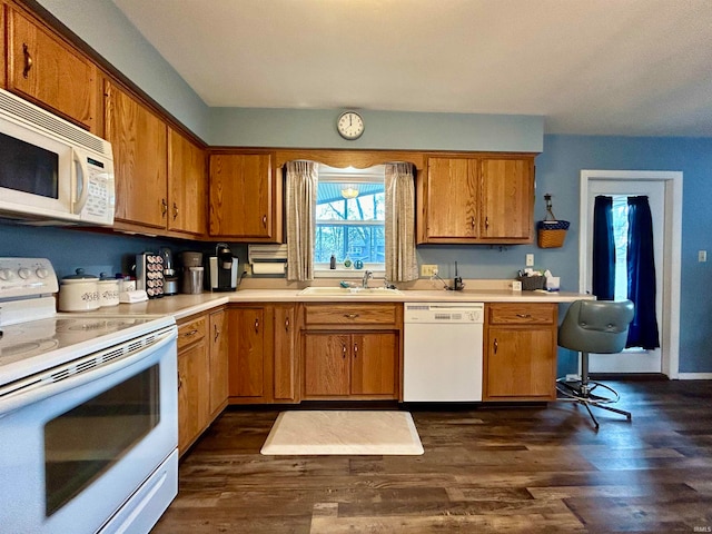 kitchen with white appliances, dark hardwood / wood-style floors, and sink