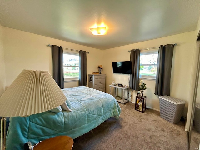 bedroom with multiple windows and light colored carpet