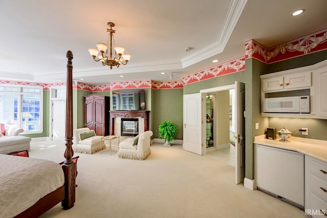 bedroom with ornamental molding, an inviting chandelier, a tray ceiling, a premium fireplace, and light colored carpet