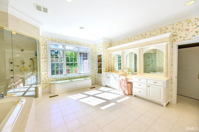 bathroom featuring vanity, tile patterned flooring, ornamental molding, and separate shower and tub