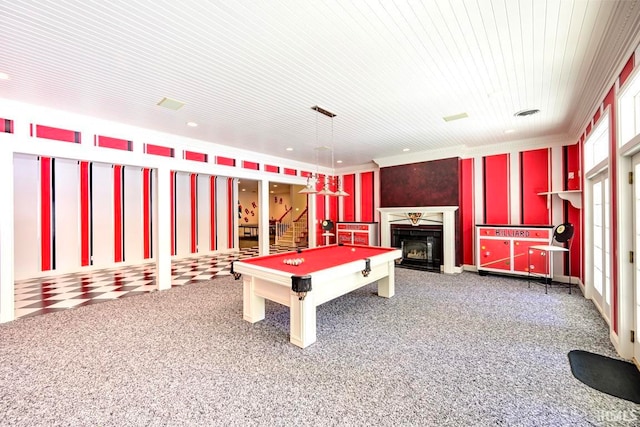 game room with billiards and carpet floors