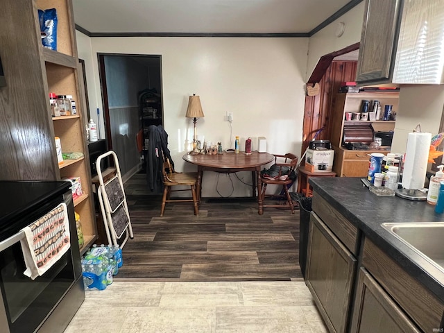 kitchen with sink, wood-type flooring, dark brown cabinets, and ornamental molding