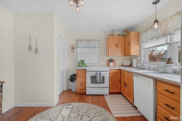 kitchen featuring light hardwood / wood-style flooring, decorative light fixtures, sink, and white appliances