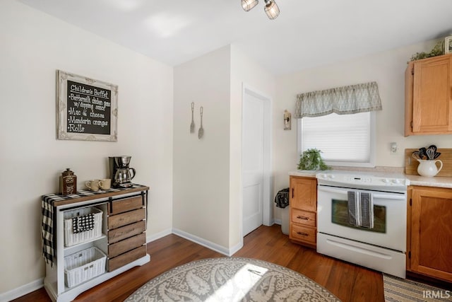 kitchen featuring dark hardwood / wood-style floors and white electric stove