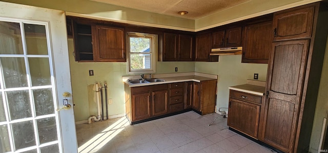 kitchen with sink, dark brown cabinets, and a textured ceiling