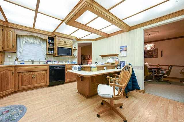 kitchen featuring light wood-type flooring, black dishwasher, ornamental molding, a notable chandelier, and kitchen peninsula