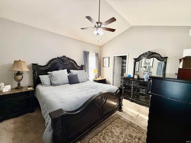 bedroom featuring ceiling fan, lofted ceiling, and carpet