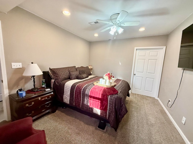 carpeted bedroom featuring ceiling fan