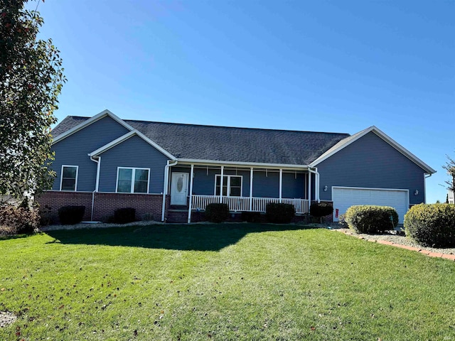 ranch-style home with a garage, a front lawn, and a porch