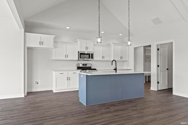 kitchen featuring dark wood-type flooring, appliances with stainless steel finishes, and an island with sink