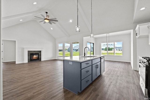 kitchen featuring dark wood-type flooring, high vaulted ceiling, sink, and a kitchen island with sink