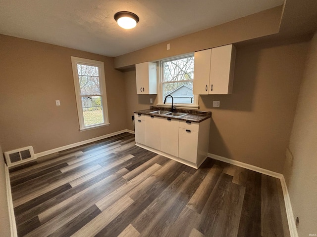 kitchen with white cabinets, plenty of natural light, sink, and dark hardwood / wood-style flooring