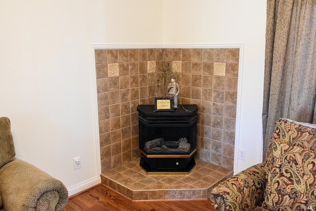 details with a wood stove and hardwood / wood-style flooring