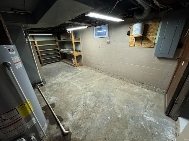 basement with electric panel and water heater