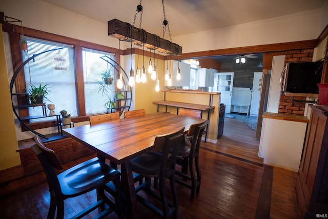 dining room with ceiling fan and dark hardwood / wood-style flooring