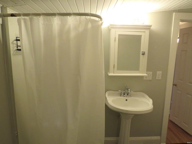 bathroom with hardwood / wood-style flooring