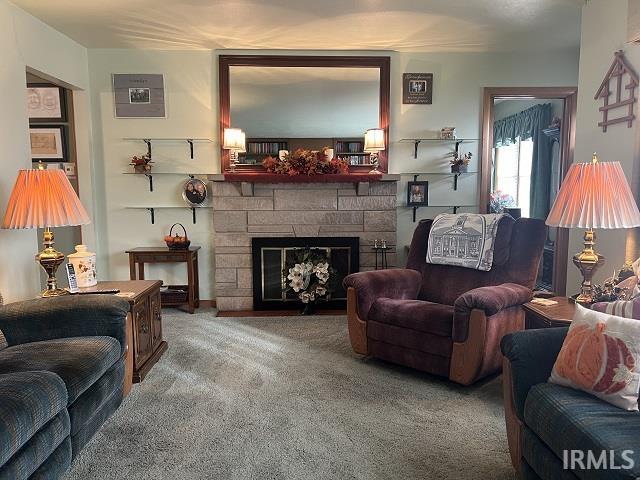 living room with a stone fireplace and carpet