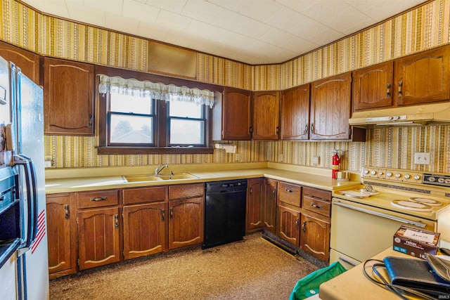 kitchen with stainless steel refrigerator, sink, light carpet, dishwasher, and electric range