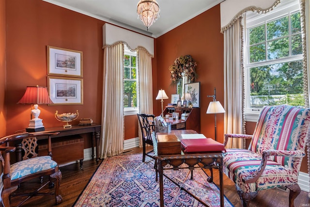 office space featuring wood-type flooring and crown molding