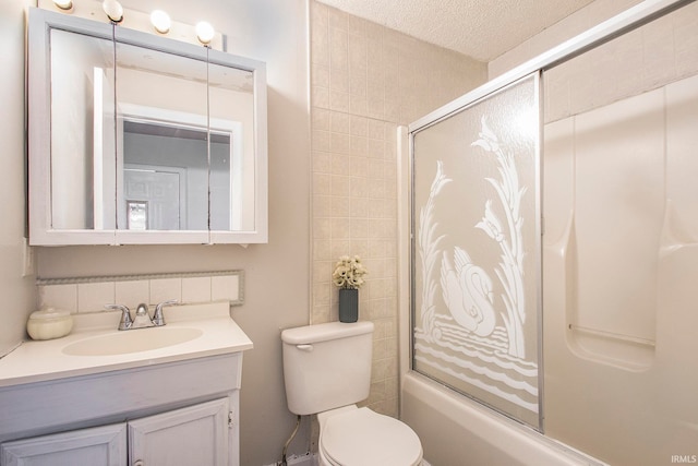 full bathroom with enclosed tub / shower combo, backsplash, a textured ceiling, toilet, and vanity