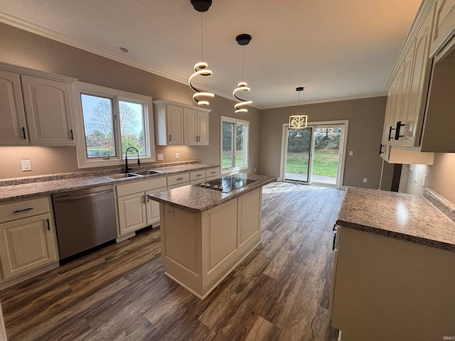 kitchen featuring stainless steel dishwasher, a center island, dark hardwood / wood-style floors, and sink