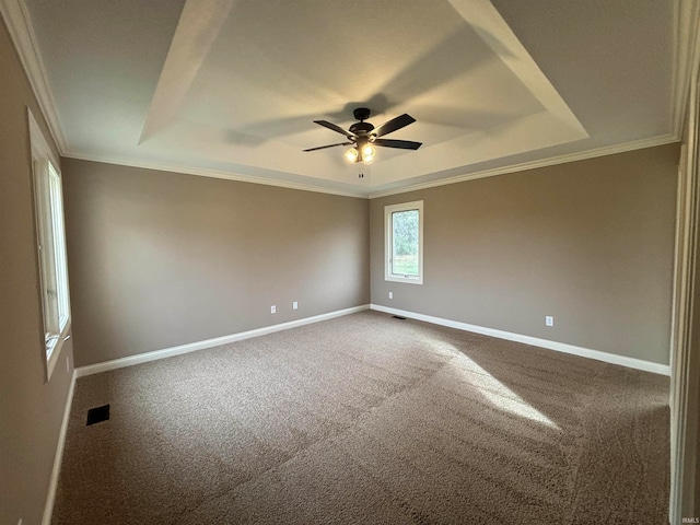 carpeted spare room featuring ceiling fan, a raised ceiling, and crown molding