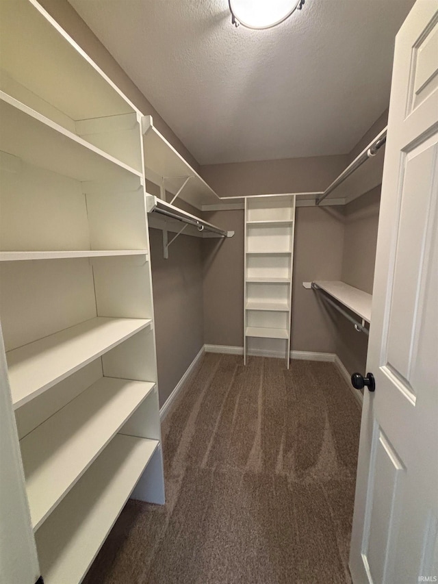 spacious closet featuring dark colored carpet