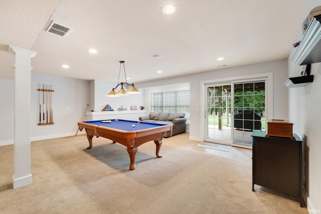 playroom featuring pool table, ornate columns, light colored carpet, and a textured ceiling