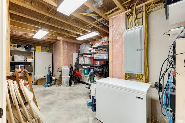 basement with refrigerator and electric panel