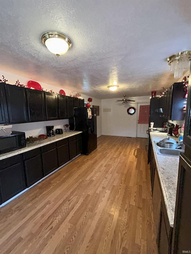 kitchen featuring black appliances, a textured ceiling, sink, ceiling fan, and light wood-type flooring